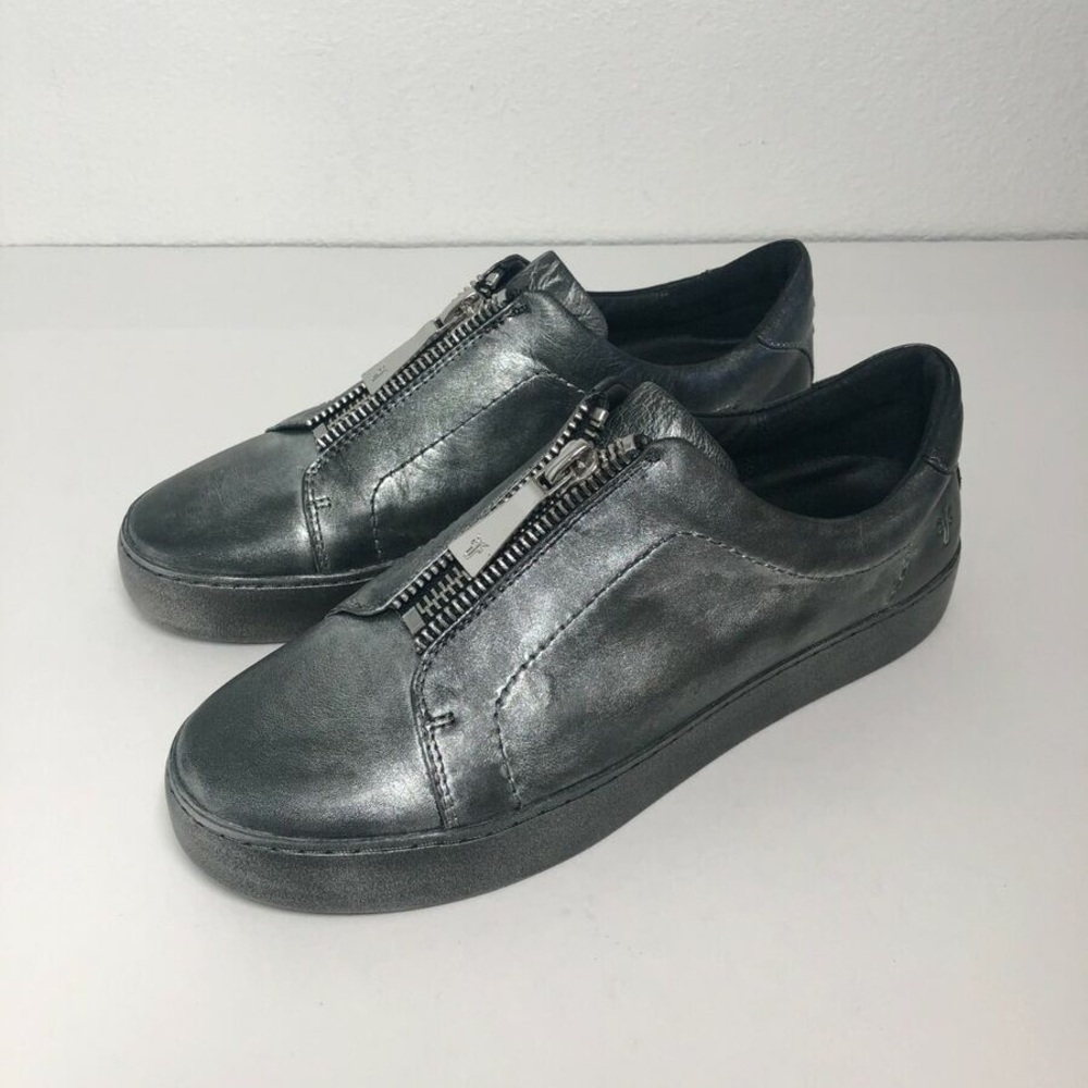 Frye Lena Zip Low Flat Sneaker Silver Metallic Shoes-sz10